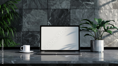 Laptop mock up on simple clean desk with brick wall in background