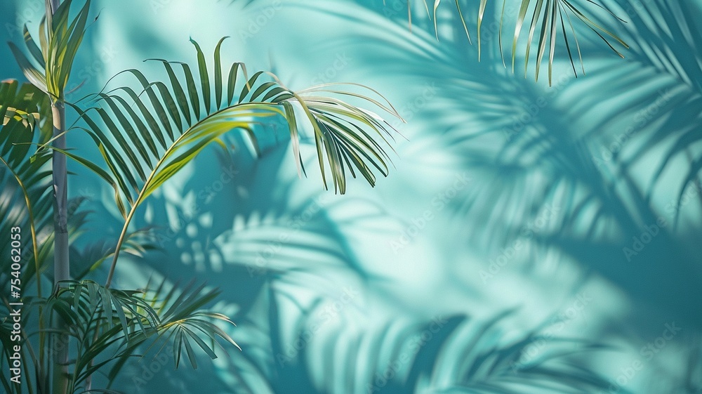 An abstract background for spring and summer with a light blue wall and a hazy shadow created by palm leaves.