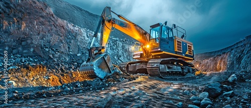 During the night shift, large mining and construction equipment fills a stockpile bucket. close-up with a picture of copy space. Location for text or design additions photo
