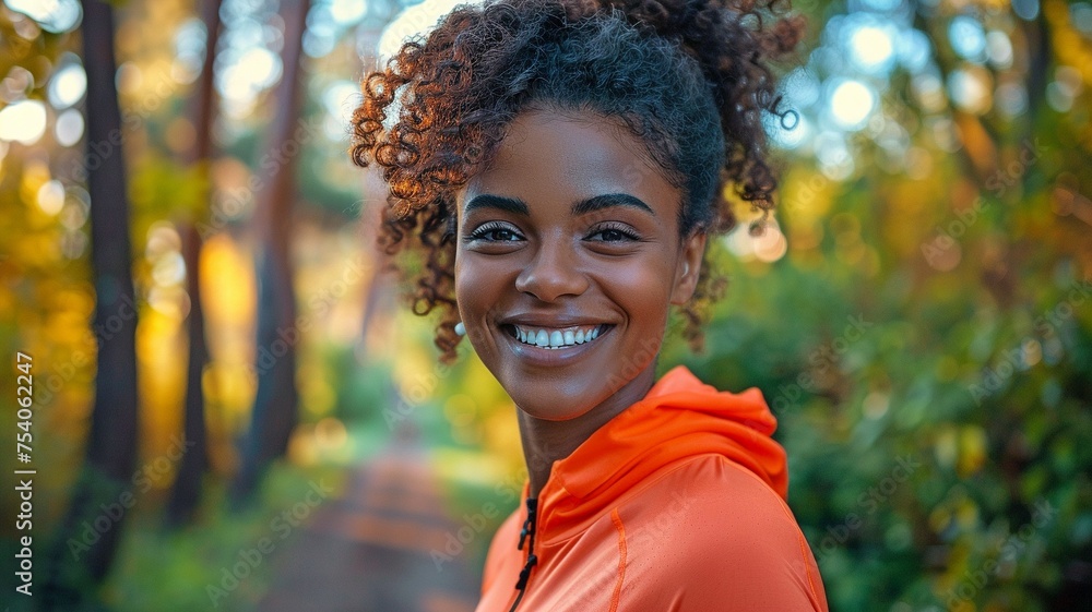 An image of a contented, athletic African American lady exercising outside. An image of a contented, athletic African American lady exercising outside.