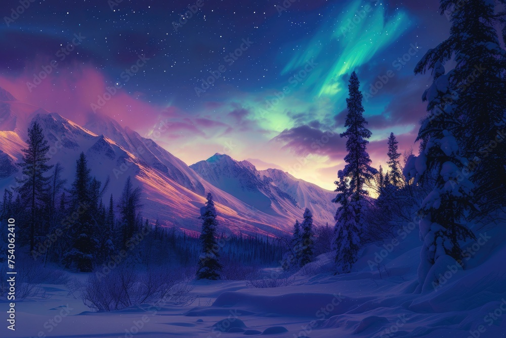 Nestled in the middle of the mountains, the amazing grandeur of the Aurora Borealis above a frozen winter paradise.  - obrazy, fototapety, plakaty 