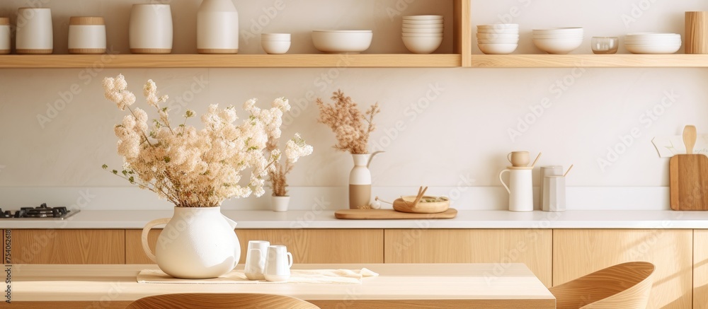 Fototapeta premium A white kitchen table in a cozy Scandinavian kitchen is adorned with a vase filled with colorful flowers. The kitchen features wooden accents and various kitchen utensils neatly arranged on shelves.