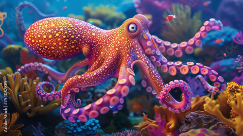 A 3D render of a cartoonish squid character its tentacles painted with a variety of brilliant hues
