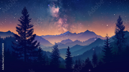 Panorama landscape with milky way Night sky with stars and silhouette of pine tree. 