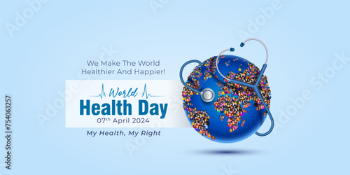 World health day promotional concept, theme design. Health care doctor stethoscope with group of people and World globe. 3D Vector illustration