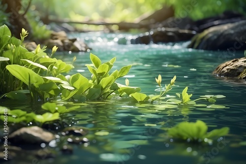 Beautiful spring detailed close up stream of fresh water with young green plants. Horizontal banner, springtime concept. Abstract outdoor wild nature background. Generative AI