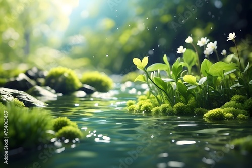 Beautiful spring detailed close up stream of fresh water with young green plants. Horizontal banner, springtime concept. Abstract outdoor wild nature background. Generative AI
