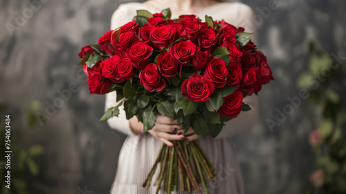 A woman bring red roses bouquet 