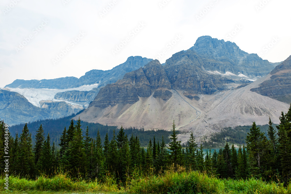 landscape in the mountains and Athabasca glacier