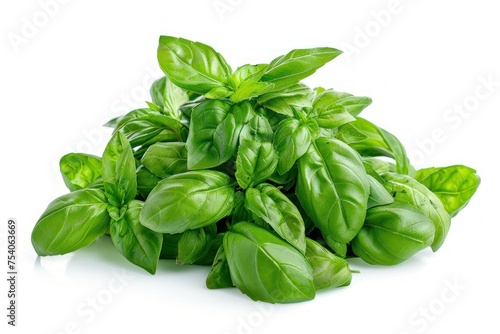 A bunch of green leaves of basil. The leaves are piled on top of each other
