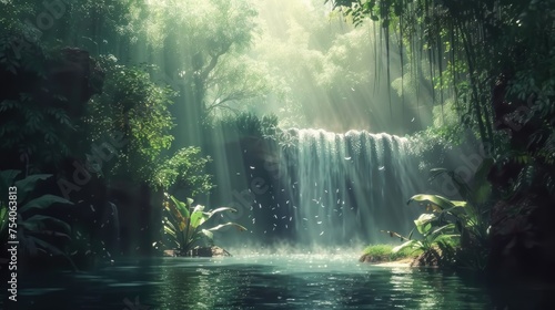 Sunbeams piercing through the dense canopy of a rainforest to highlight a secluded waterfall, creating a mystical and tranquil atmosphere. 8k photo