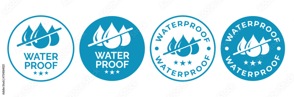 Set waterproof badge vector for product. Collection of water resistant signs. Water protection, liquid proof protection. Shield with water drop. Anti wetting material, surface protection.
