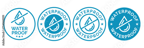 Set waterproof badge vector for product. Collection of water resistant signs. Water protection, liquid proof protection. Shield with water drop. Anti wetting material, surface protection.