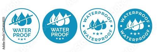 Set waterproof badge vector for product. Collection of water resistant signs. Water protection, liquid proof protection. Shield with water drop. Anti wetting material, surface protection.