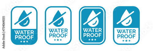 Set waterproof badge vector for product. Collection of water resistant signs. Water protection, liquid proof protection. Shield with water drop. Anti wetting material, surface protection.