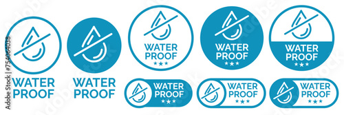 Set waterproof badge vector for product. Collection of water resistant signs. Water protection, liquid proof protection. Shield with water drop. Anti wetting material, surface protection.