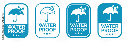 Set waterproof badge vector for product. Collection of water resistant signs. Water protection, liquid proof protection. Shield with water drop. Anti wetting material, surface protection.