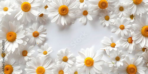 Frame of chamomiles flower on white background  White daisy flowers with yellow center and white petals on white background and wallpaper and space for text background  photo