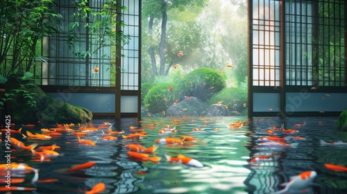 Sliding Japanese doors and fish pond with colorful orange carp swimming in the water 8k photo