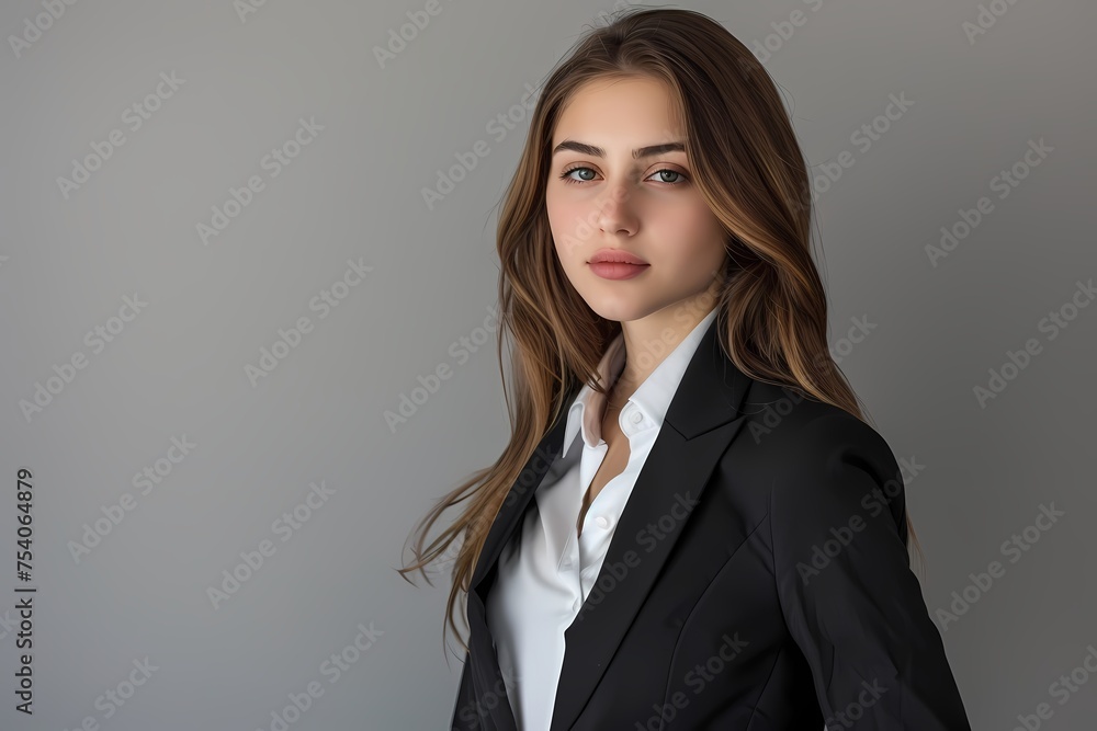 Against a solid silver background, a captivatingly beautiful young entrepreneur in business clothes radiates elegance and charm, capturing attention effortlessly. Against a solid silver background, a captivatingly beautiful young entrepreneur in business clothes radiates elegance and charm, capturing attention effortlessly.