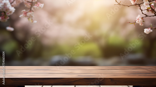 Empty wooden table for product display montages with spring blossom background 