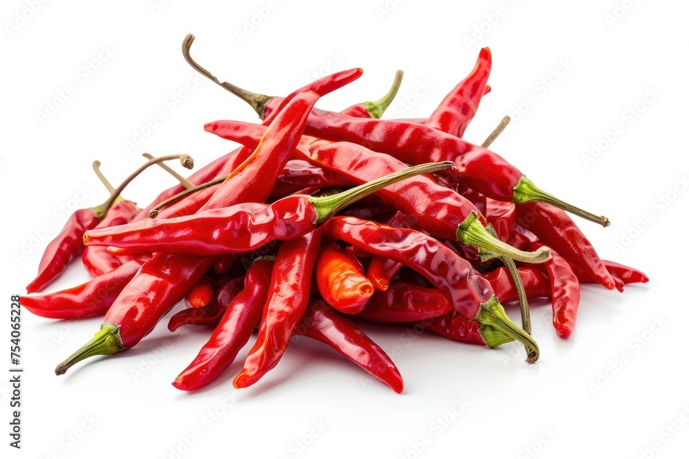 A pile of red peppers on a white background. The peppers are of different sizes and are piled on top of each other