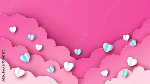 Paper art of Heart float up on pink sky background. Valentines card. Valentines background. paper cut and craft style. vector, illustration.