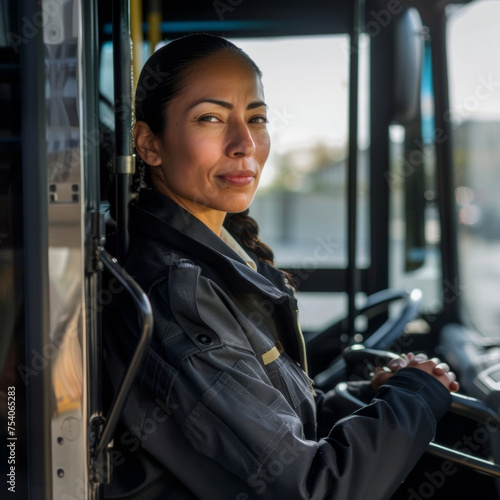 Portrait of confident professional female bus driver at the station Hispanic American. © mindstorm