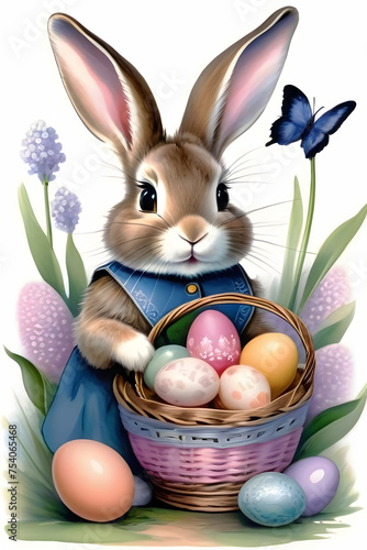 A cute Easter bunny with a basket of eggs and spring flowers is a child character illustration on a white background.