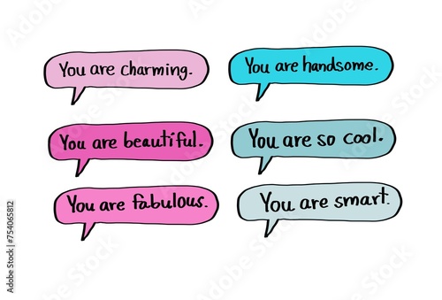 Handwritten compliments on colorful bubbles speech. Concept, giving positive compliments. English language teaching. Teaching aid. Illustration of education. © Sanhanat