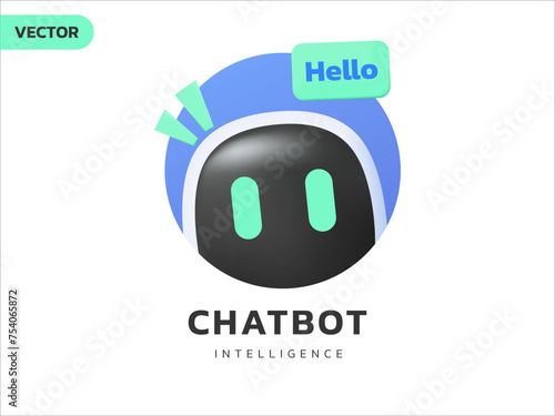 3D Vector Chat Bot Artificial Intelligence Technology with robotic happy friendly face logo vector design concept. Robot Virtual Assistance 3d icon symbol for AI Technology, online support, web, ui.
