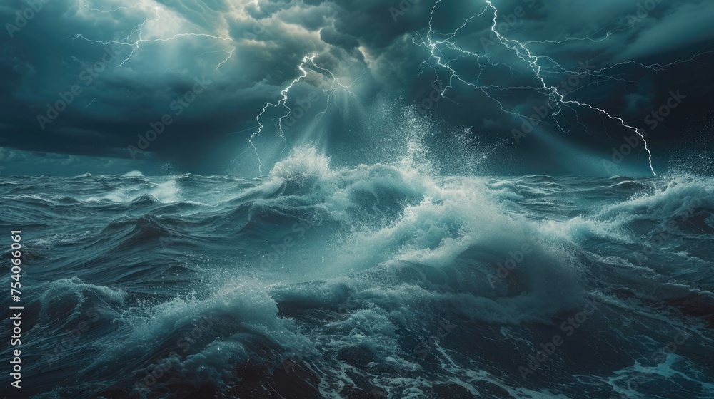 Ocean waves that are rough and turbulent beneath a stormy sky, with several lightning bolts that appear to have been hurled by a supernatural force, emphasizing the ocean's wrath.  - obrazy, fototapety, plakaty 