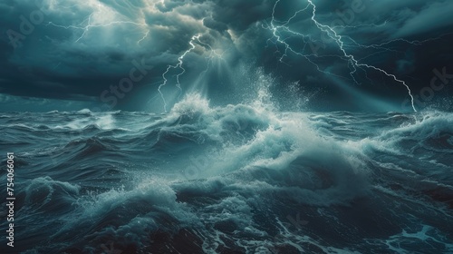 Ocean waves that are rough and turbulent beneath a stormy sky, with several lightning bolts that appear to have been hurled by a supernatural force, emphasizing the ocean's wrath.  photo