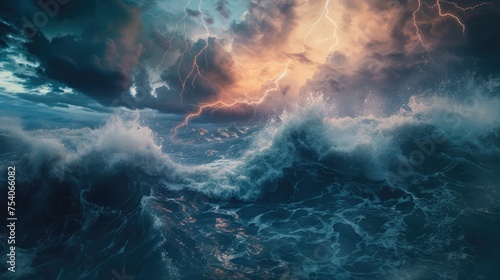 Rough, tumultuous ocean waves under a tempestuous sky, with multiple lightning bolts branching out, as if thrown by a divine force © Muhammad