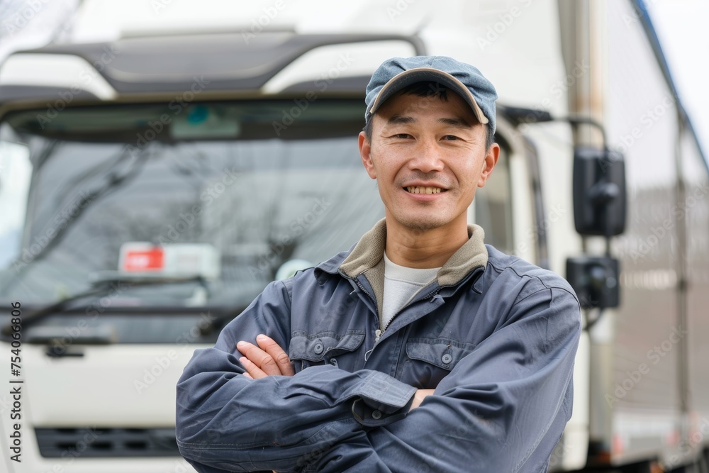 Confident Asian truck driver standing in front of his truck Confident Asian truck driver standing in front of his truck