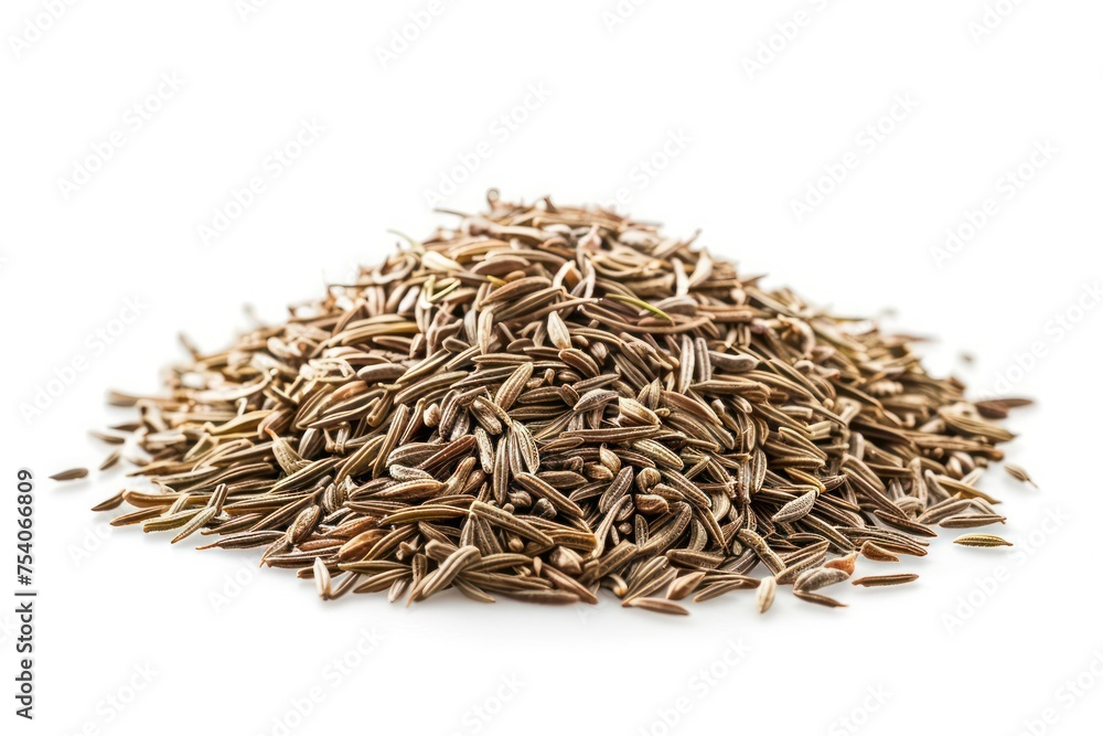 A pile of ground spices, including cumin, is spread out on a white background. Concept of abundance and variety A pile of ground spices, including cumin, is spread out on a white background. Concept of abundance and variety