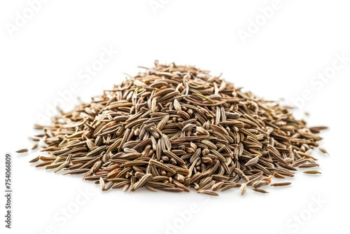A pile of ground spices, including cumin, is spread out on a white background. Concept of abundance and variety