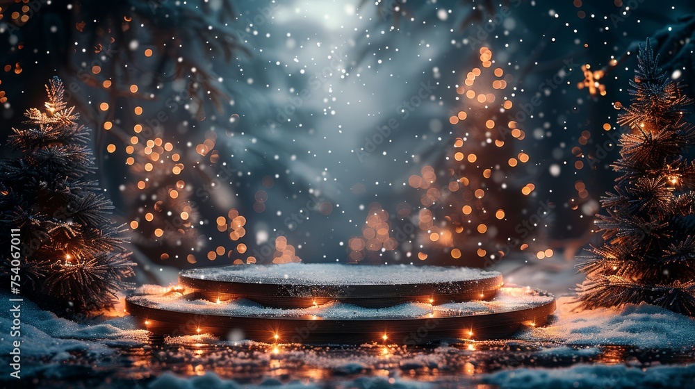 Empty Podium on Snow-Covered Stage with Pine Trees and Twinkling Fairy Lights, Featuring Winter Festival Theme and Soft Ambient Lighting, Evoking a Serene and Magical Mood Concept