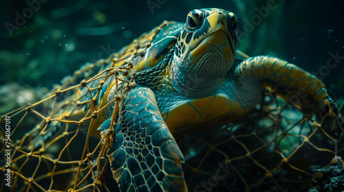Within a dimly illuminated underwater setting, a lifelike and intricate depiction presents a turtle caught in a plastic net. © Pnitha