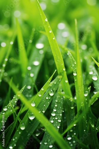 Close up of fresh thick grass with water drops in the early morning