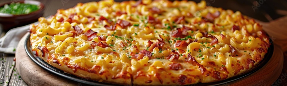 Macaroni and cheese pizza hybrid food. Banner Macaroni and cheese pizza hybrid food. Banner