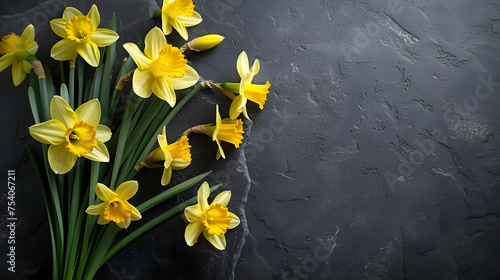 Bunch of yellow daffodils on dark slate background. Generative ai © najmah
