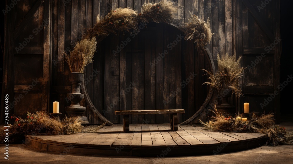 Rustic Weathered Oak Podium Set in Dimly Lit Barn with Antique Farming Tools, Embracing Time-Worn Beauty and Craftsmanship Concept Rustic Weathered Oak Podium Set in Dimly Lit Barn with Antique Farming Tools, Embracing Time-Worn Beauty and Craftsmanship Concept