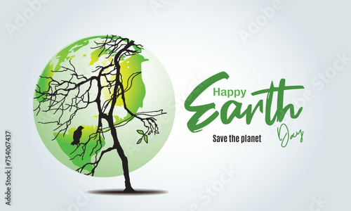 Green ecological background The globe is in the shape of a tree, Earth day 2024 concept background design think green. Abstract vector illustration