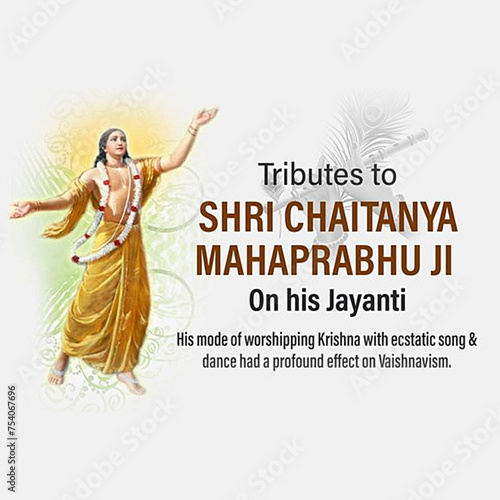 Tributes to Shri Chaitanya Mahaprabhu with an image of the spiritual leader on a white background. Perfect for commemorating his teachings and life photo