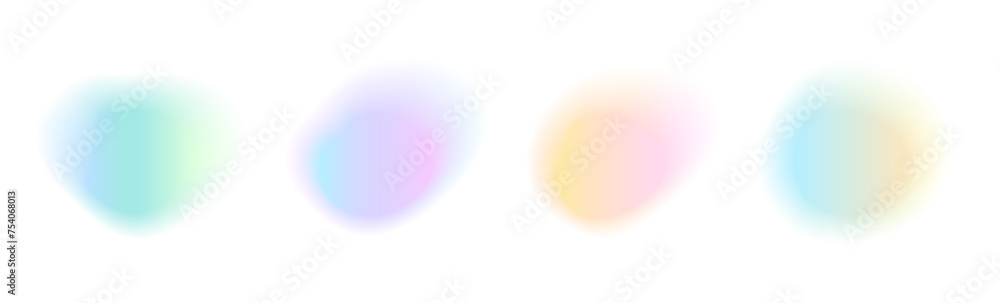 Set of abstract color gradient free form isolated on white backgrounds. Collection of colorful blend mesh with soft neon light. Holographic iridescent round circles with liquid vibrant gradient blur.