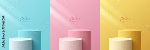 Set of 3D happy easter day background. Yellow, blue, pink and white podium in oval egg shape backdrop scene. Pastel minimal abstract room. Mockup product display. Geometric platforms. Stage showcase.