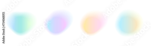 Set of abstract color gradient free form isolated on white backgrounds. Collection of colorful blend mesh with soft neon light. Holographic iridescent round circles with liquid vibrant gradient blur.