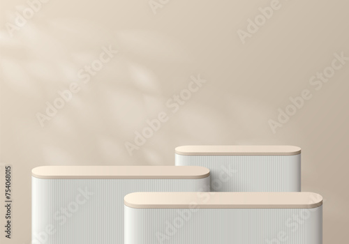 3D background with realistic beige cylinder level podium set and natural leaf lighting wall scene. Abstract composition in minimal design. Platforms mockup product display presentation. Stage showcase