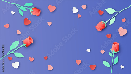 Red rose background with Hearts on Valentine's day. Love Invitation card for Valentine's day. paper cut and craft style. vector, illustration.